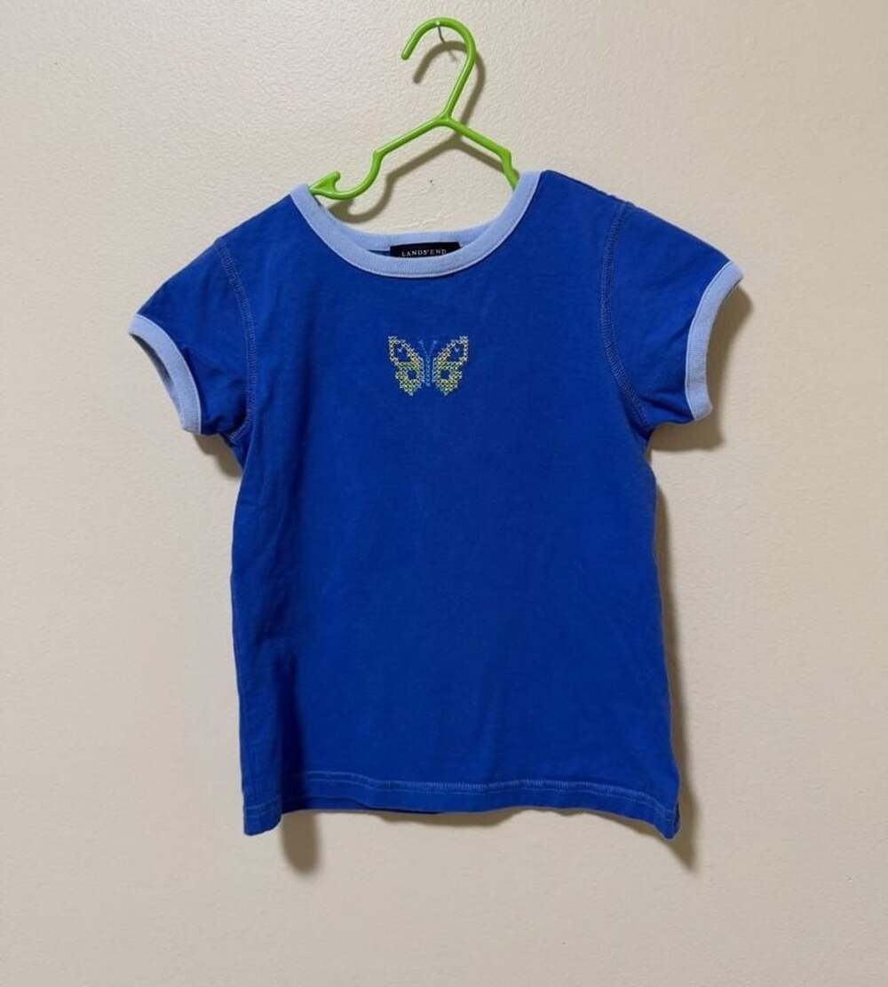 Lands' End Blue Embroidered Butterfly Ringer T-Shirt Size 7-8